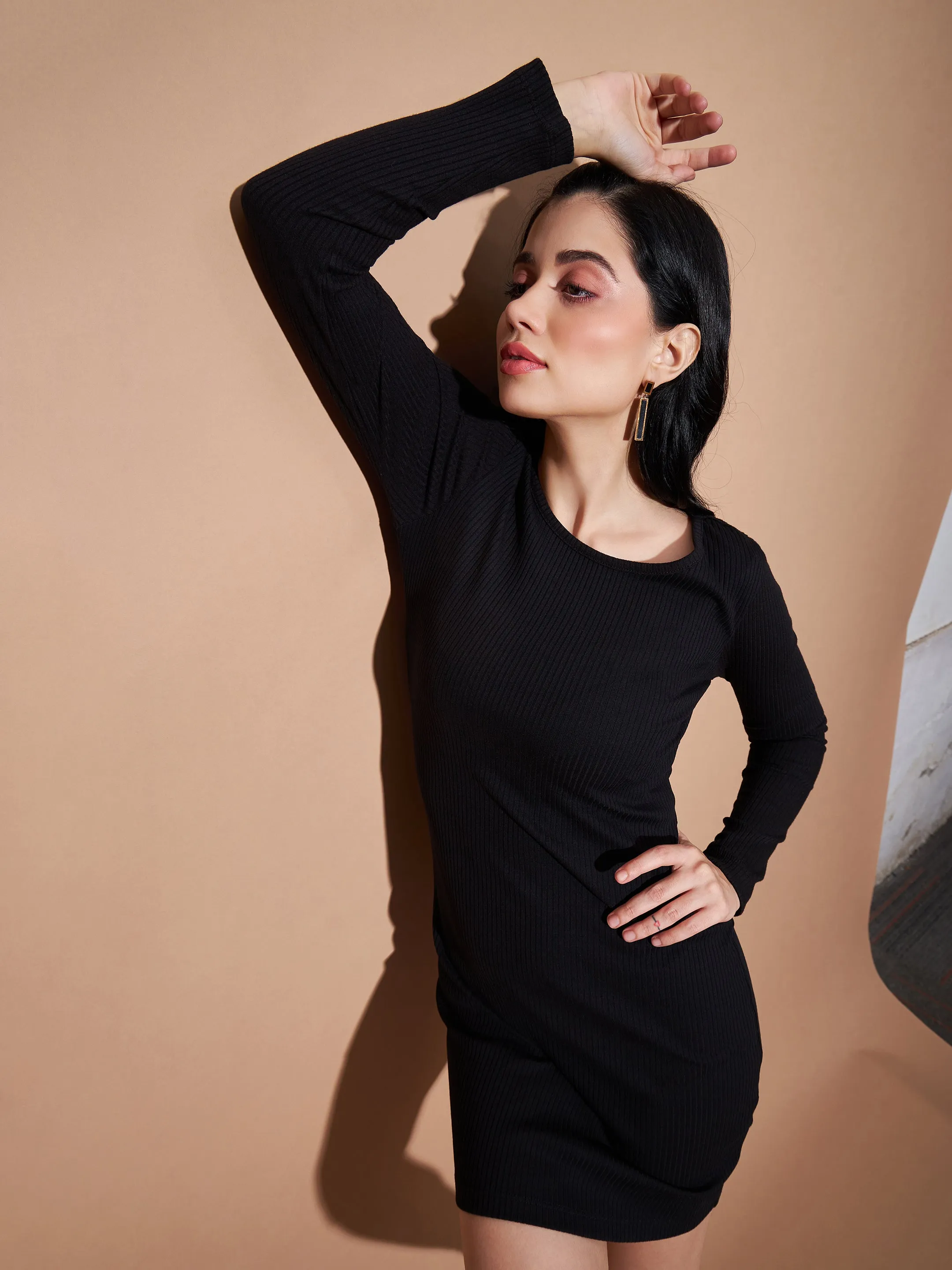 Women Black Basic Bodycon Rib Dress