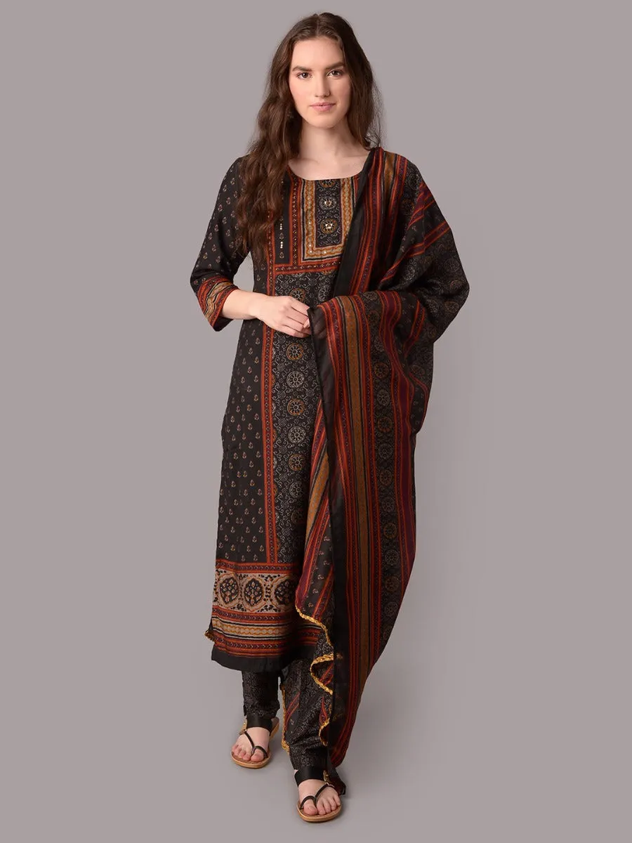 Women Black Ornamental Printed Kurta Trouser Dupatta