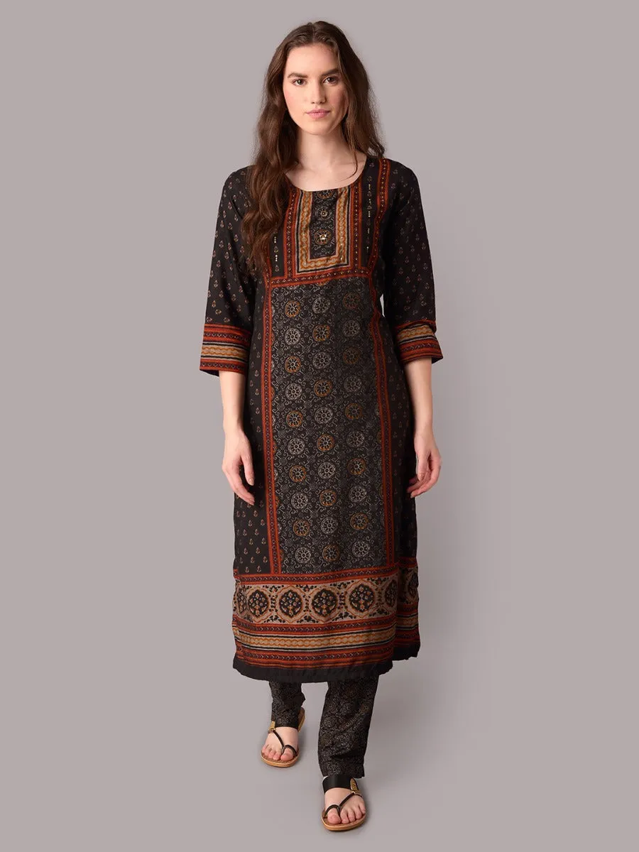 Women Black Ornamental Printed Kurta Trouser Dupatta