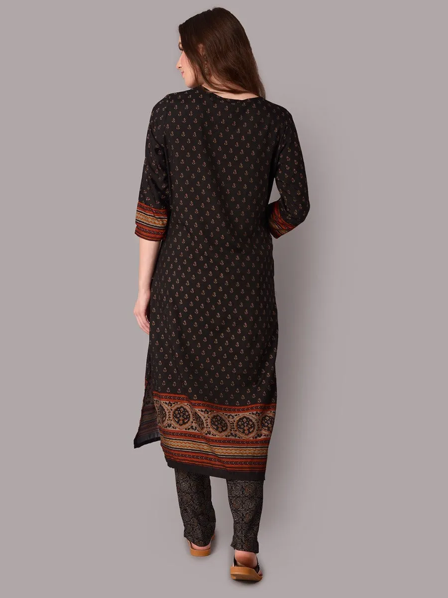 Women Black Ornamental Printed Kurta Trouser Dupatta