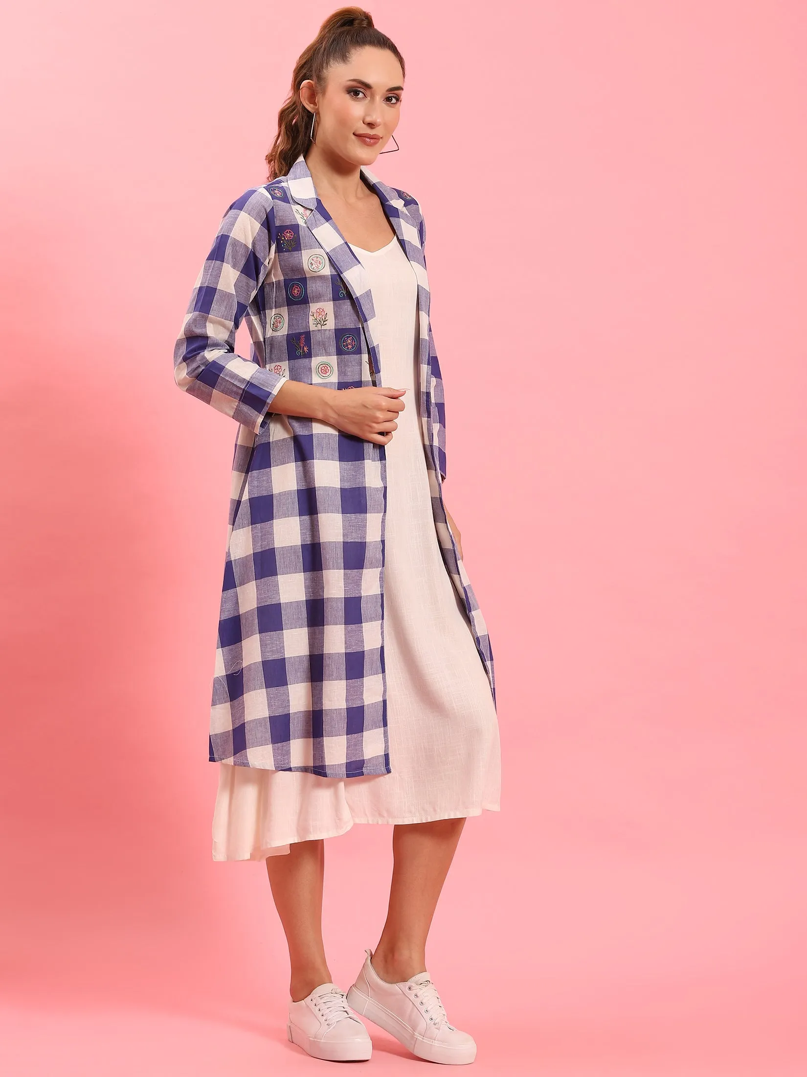 Women Blue Checked Dress With Jacket