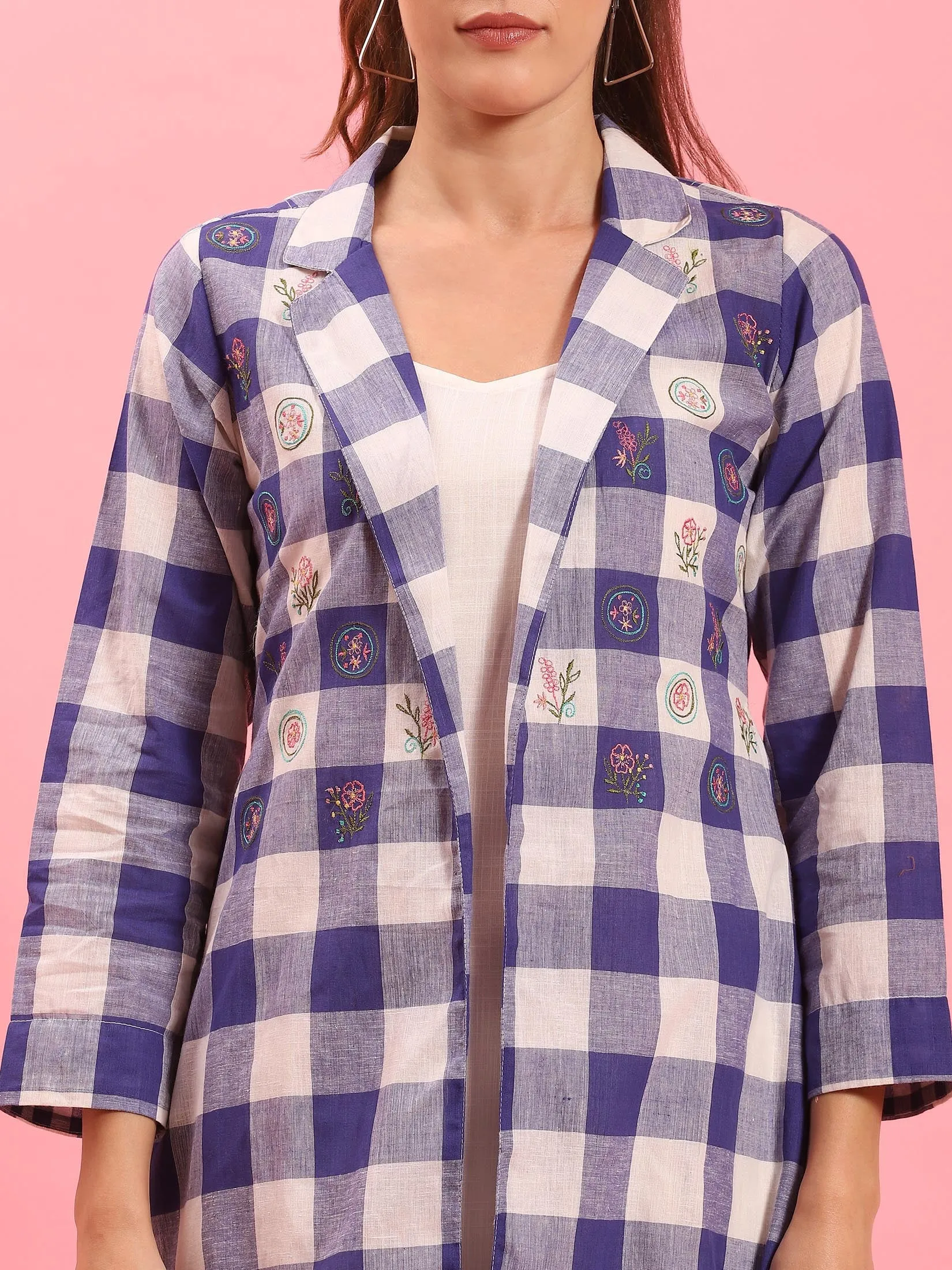 Women Blue Checked Dress With Jacket