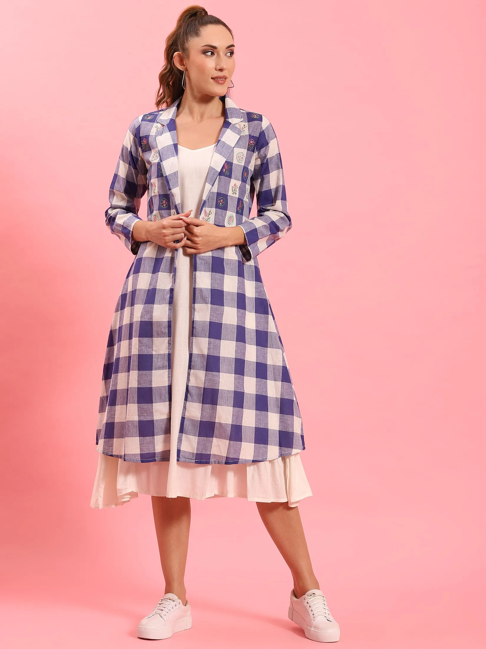 Women Blue Checked Dress With Jacket