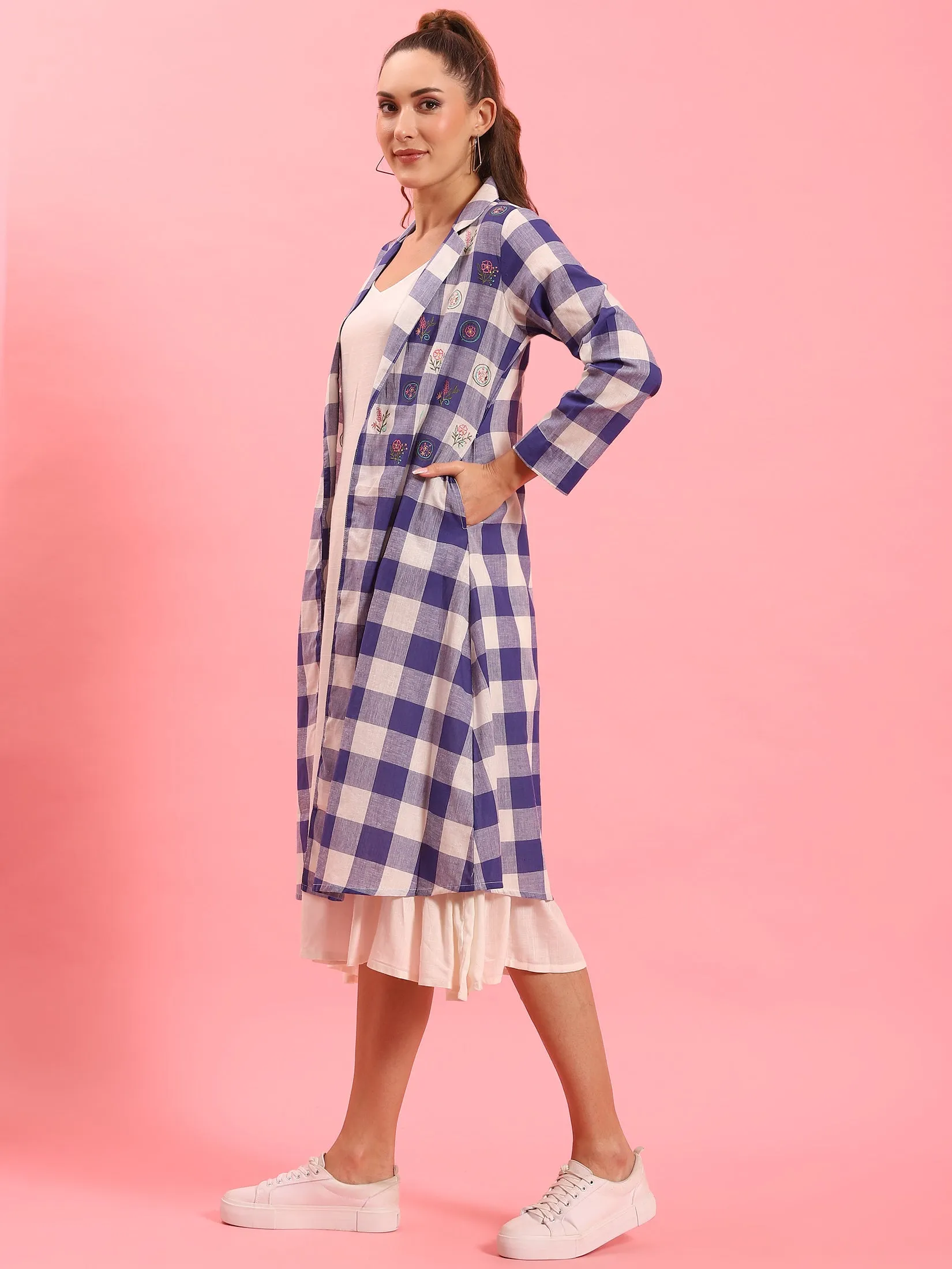 Women Blue Checked Dress With Jacket