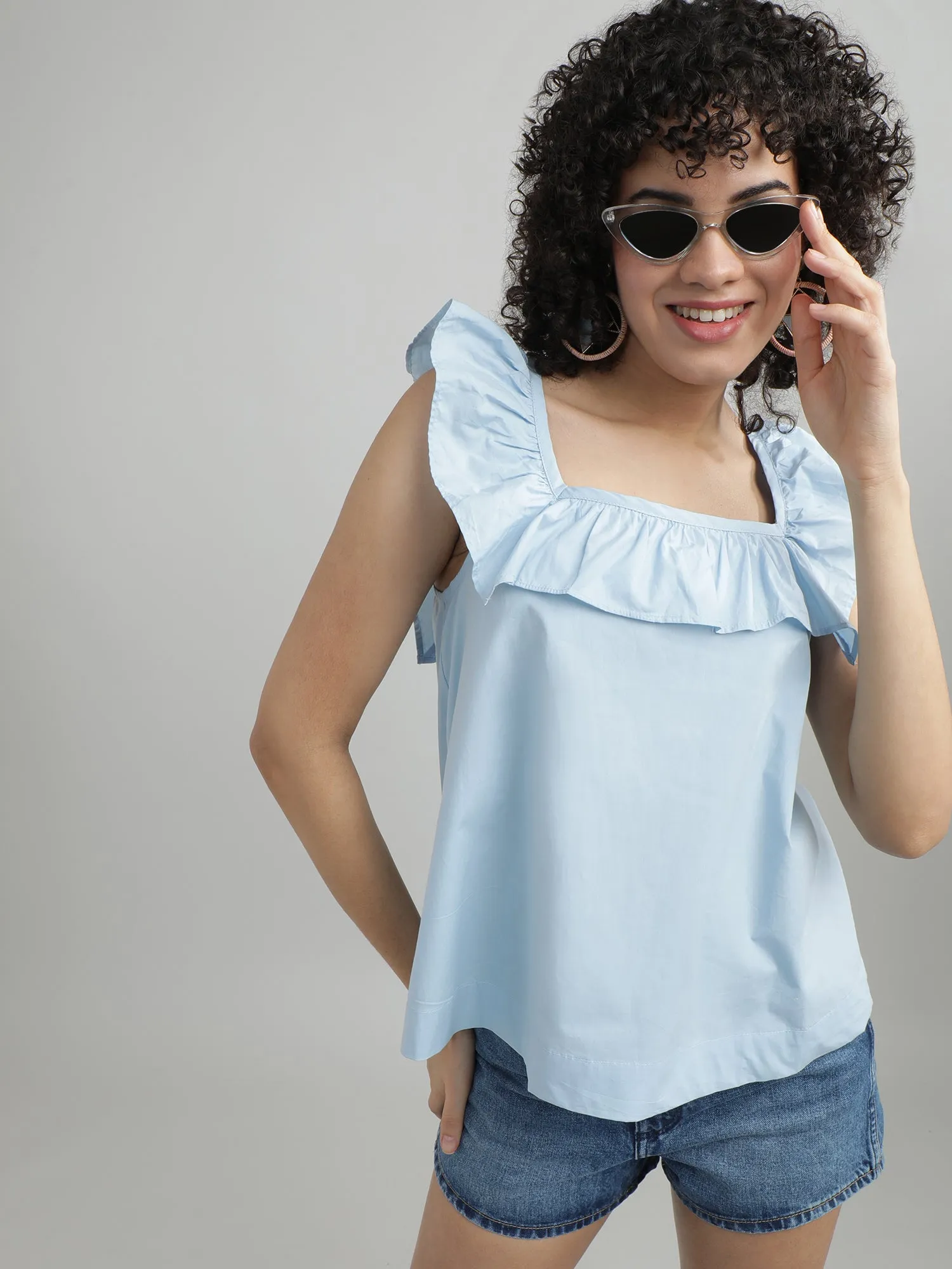 Women Cotton Blue Relaxed Top