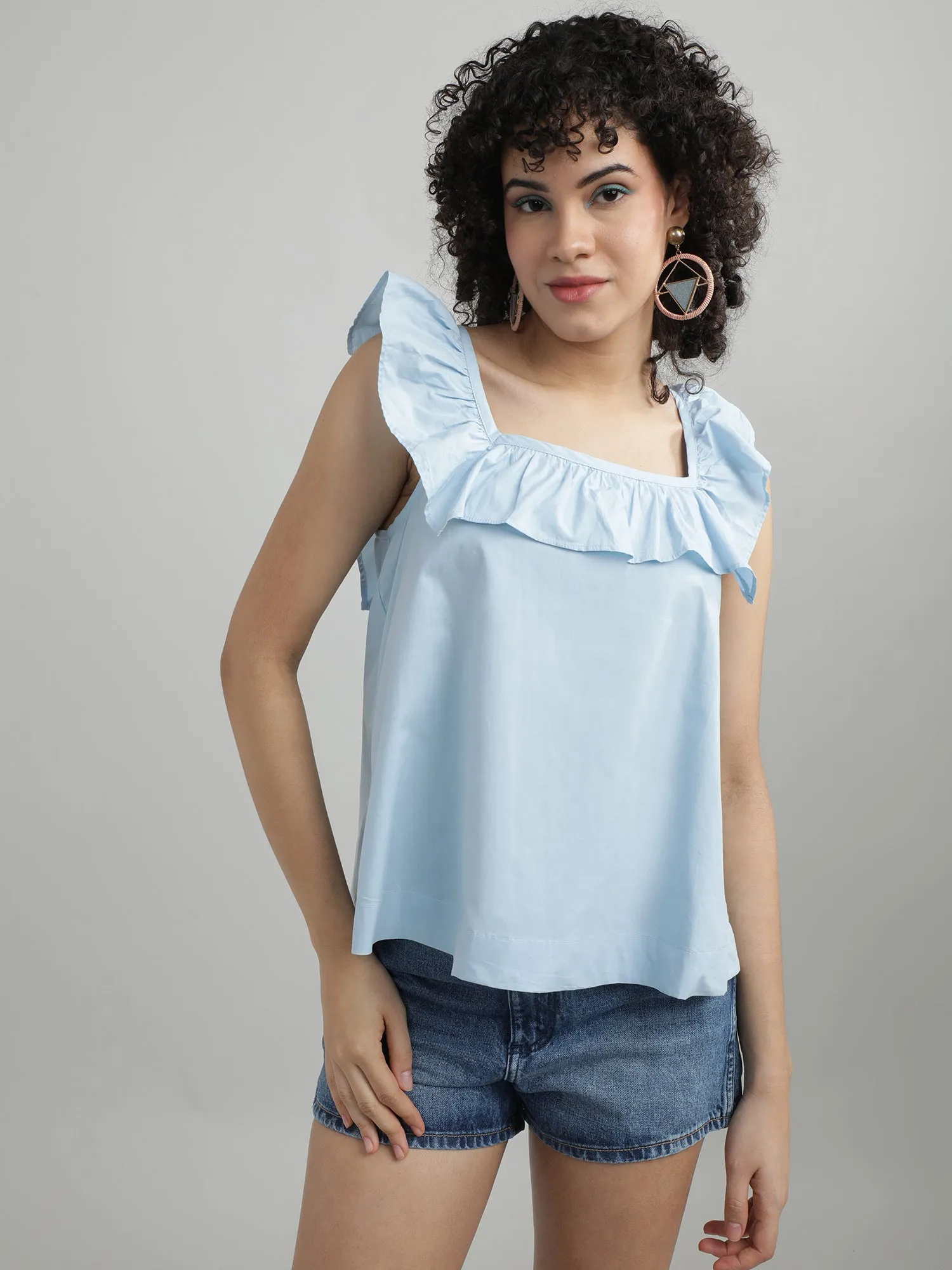 Women Cotton Blue Relaxed Top