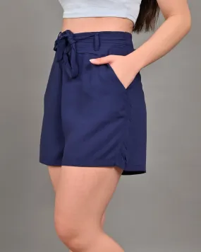 Women Dark Blue Elastic Waist Shorts