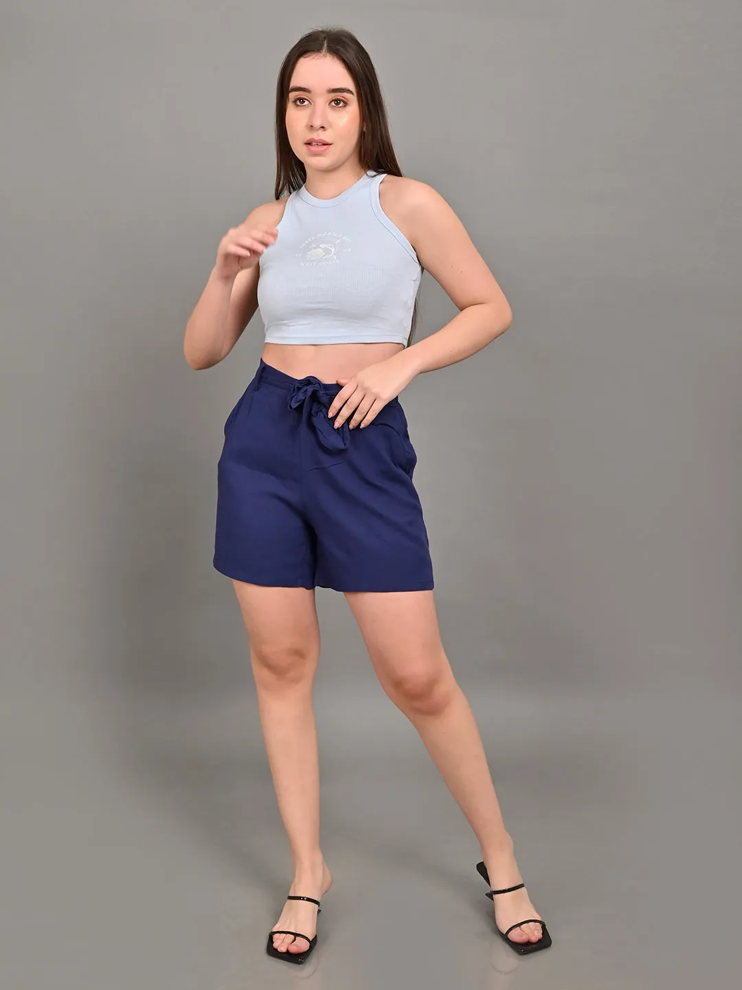 Women Dark Blue Elastic Waist Shorts